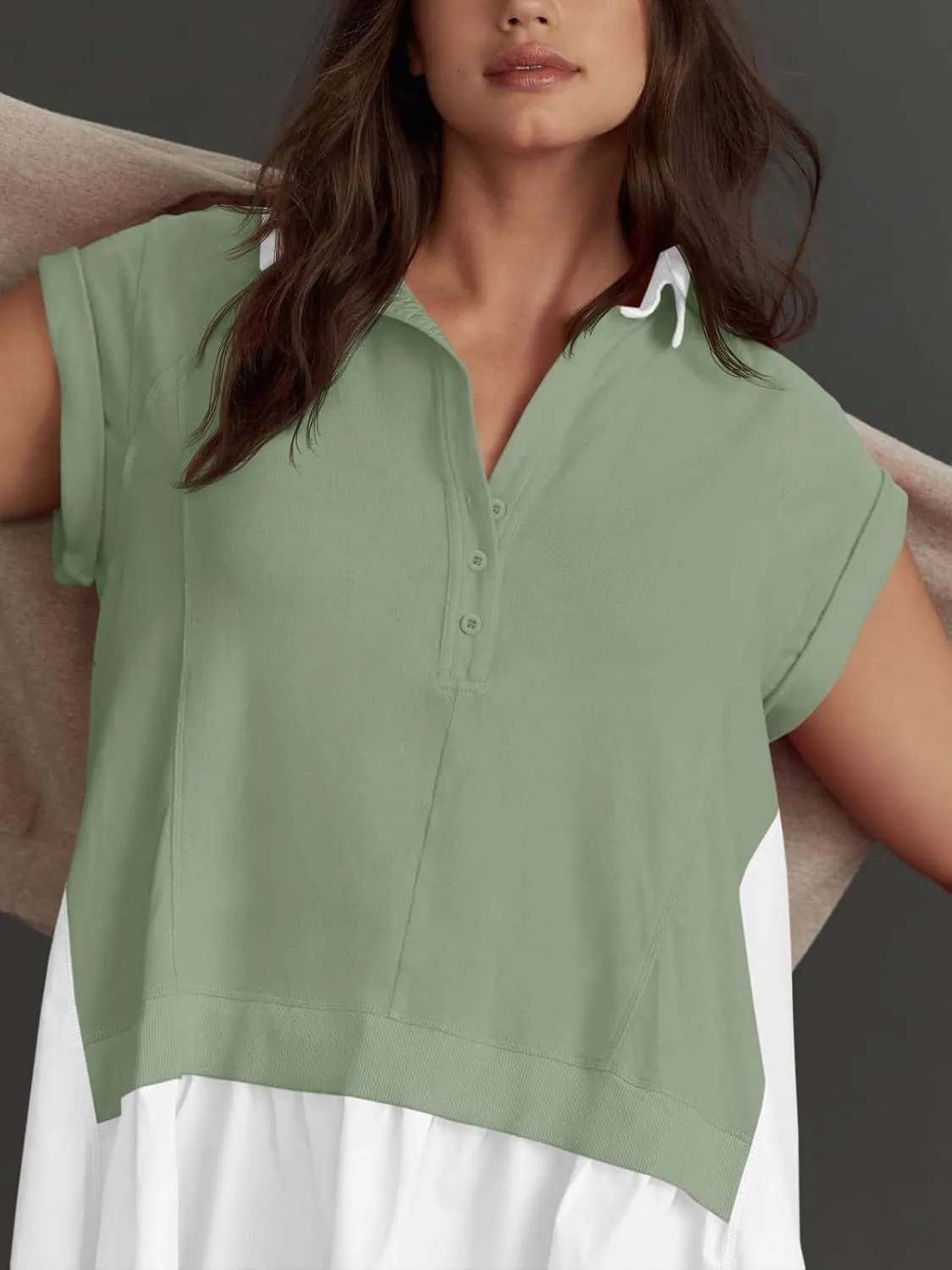 Fisoew Womens Summer Sweatshirt Dresses Short Sleeve V Neck Casual Oversized Patchwork Mini Dress