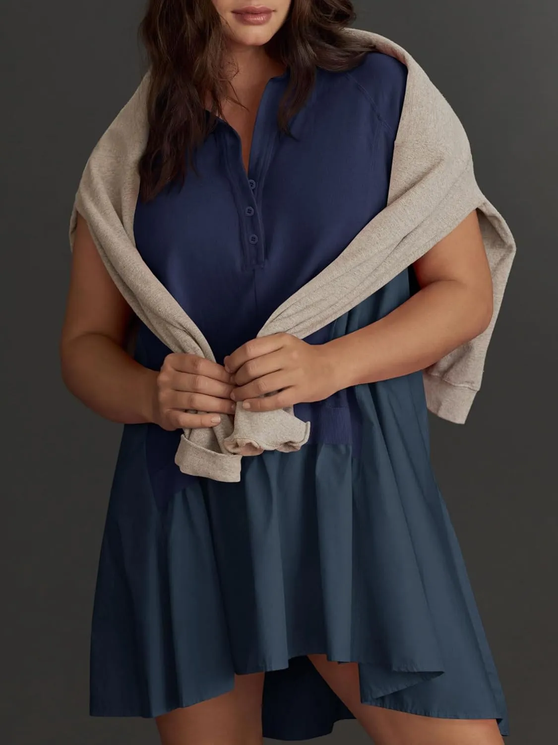 Fisoew Womens Summer Sweatshirt Dresses Short Sleeve V Neck Casual Oversized Patchwork Mini Dress