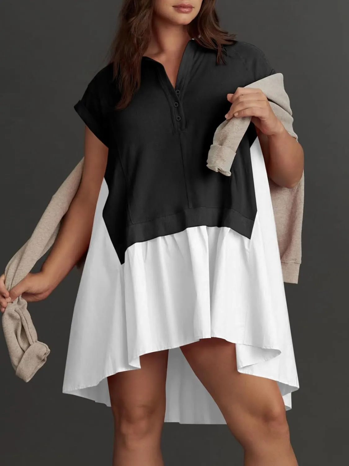 Fisoew Womens Summer Sweatshirt Dresses Short Sleeve V Neck Casual Oversized Patchwork Mini Dress