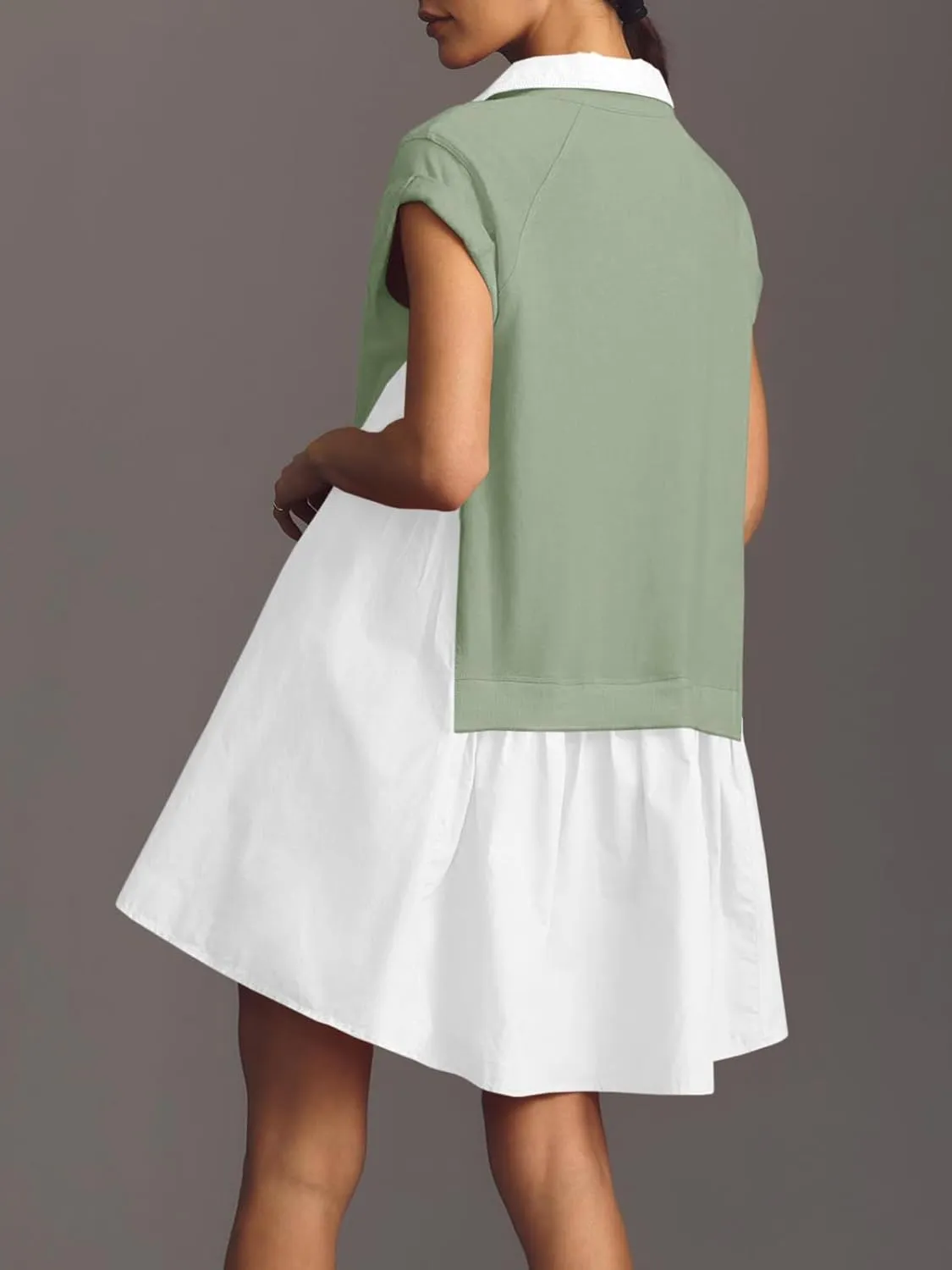 Fisoew Womens Summer Sweatshirt Dresses Short Sleeve V Neck Casual Oversized Patchwork Mini Dress