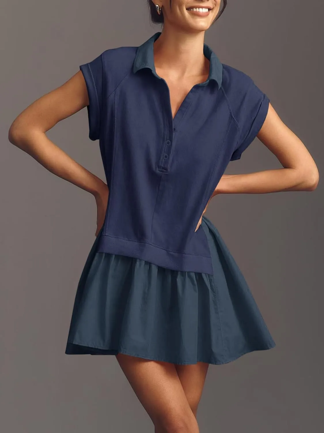 Fisoew Womens Summer Sweatshirt Dresses Short Sleeve V Neck Casual Oversized Patchwork Mini Dress