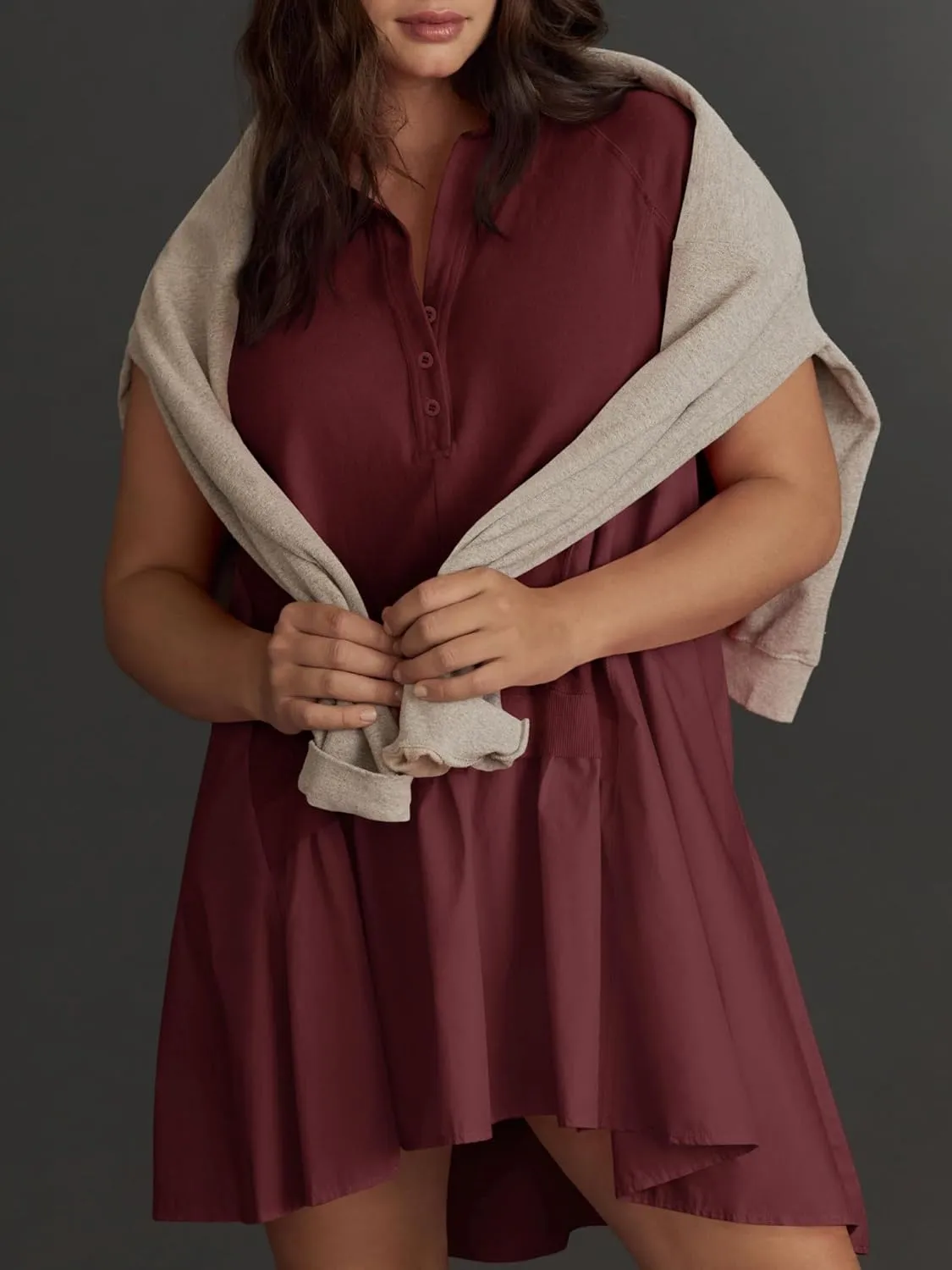 Fisoew Womens Summer Sweatshirt Dresses Short Sleeve V Neck Casual Oversized Patchwork Mini Dress