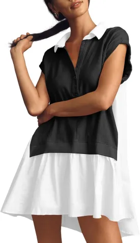 Fisoew Womens Summer Sweatshirt Dresses Short Sleeve V Neck Casual Oversized Patchwork Mini Dress