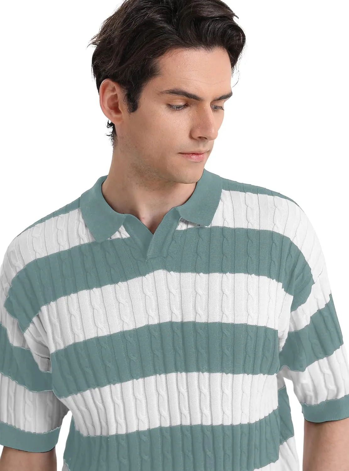 HYPESTFIT Knit Polo Shirt Short Sleeve Striped Texture Knitted Casual Beach Tops