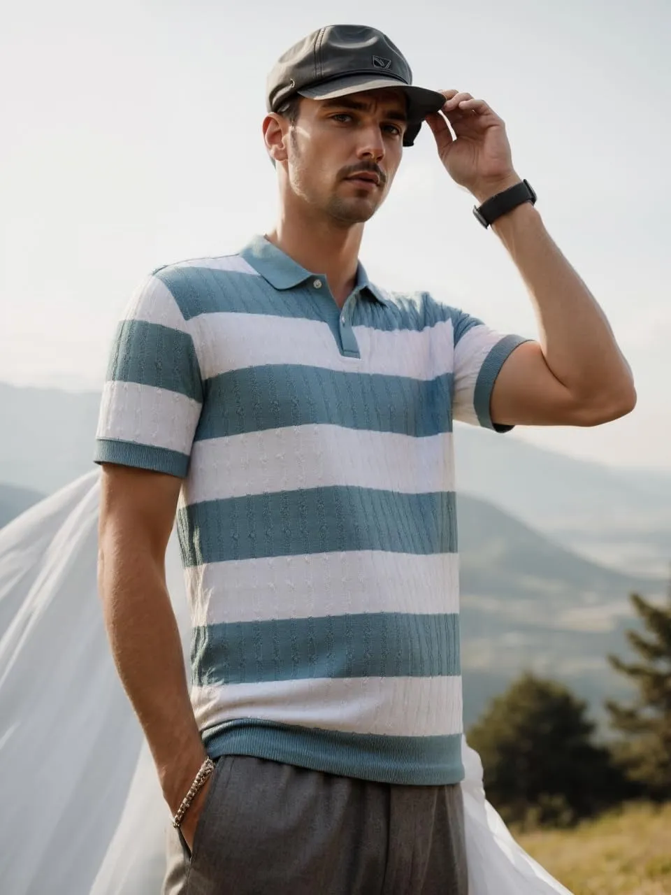 HYPESTFIT Knit Polo Shirt Short Sleeve Striped Texture Knitted Casual Beach Tops
