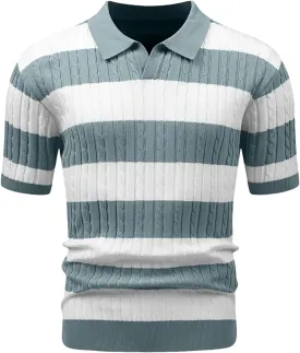 HYPESTFIT Knit Polo Shirt Short Sleeve Striped Texture Knitted Casual Beach Tops