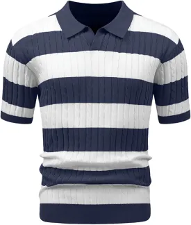 HYPESTFIT Knit Polo Shirt Short Sleeve Striped Texture Knitted Casual Beach Tops
