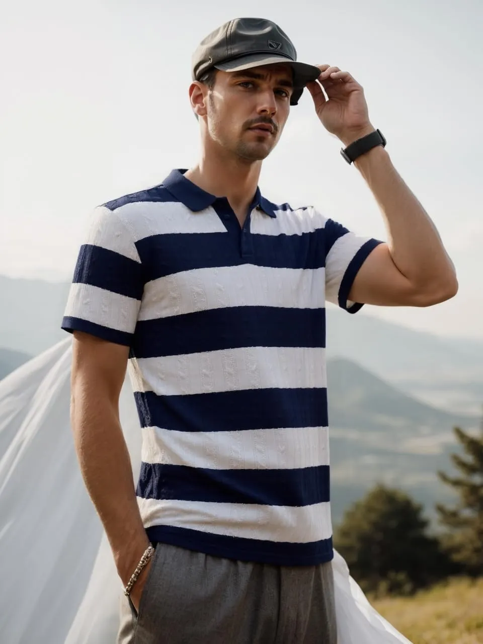 HYPESTFIT Knit Polo Shirt Short Sleeve Striped Texture Knitted Casual Beach Tops