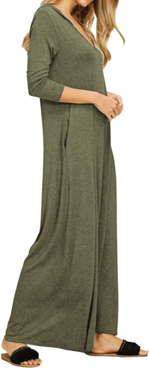 Jacansi Women's V-Neck Casual Long Sleeve/Short Sleeve Maxi Dress Hoodie Pocket Dress