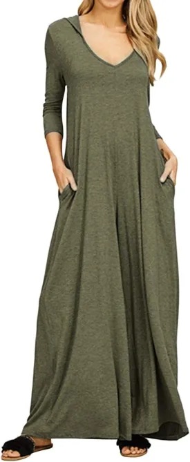 Jacansi Women's V-Neck Casual Long Sleeve/Short Sleeve Maxi Dress Hoodie Pocket Dress