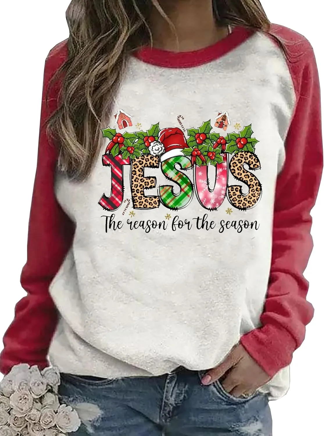 Jesus Is the Reason for the Season Sweatshirts Women Christmas Holiday Graphic Shirts Faith Long Sleeve Pullover Tops