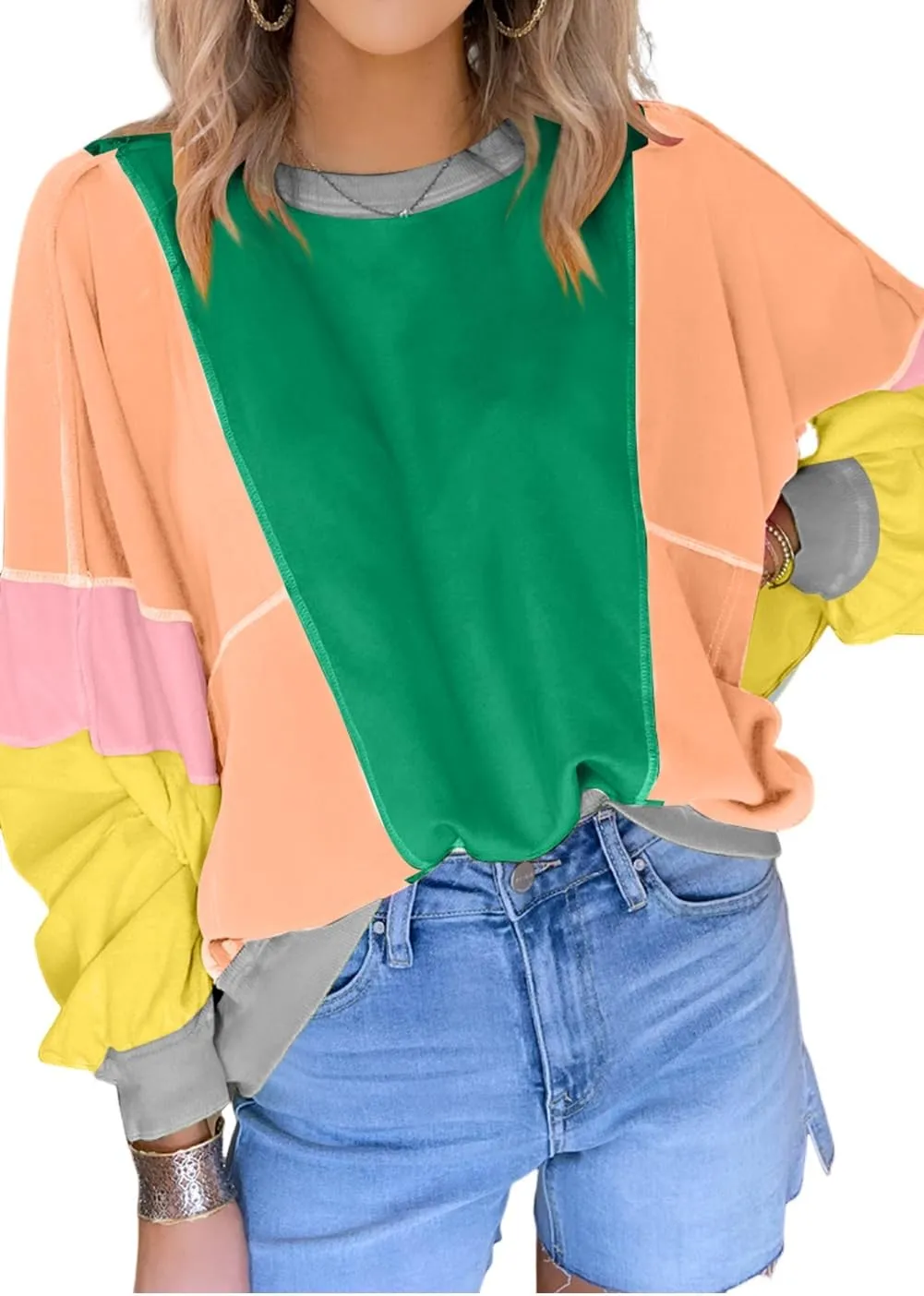 KevaMolly Womens Long Sleeve Tops Colorblock Patchwork Exposed Stitching Oversize Top Round Neck Casual Pullover