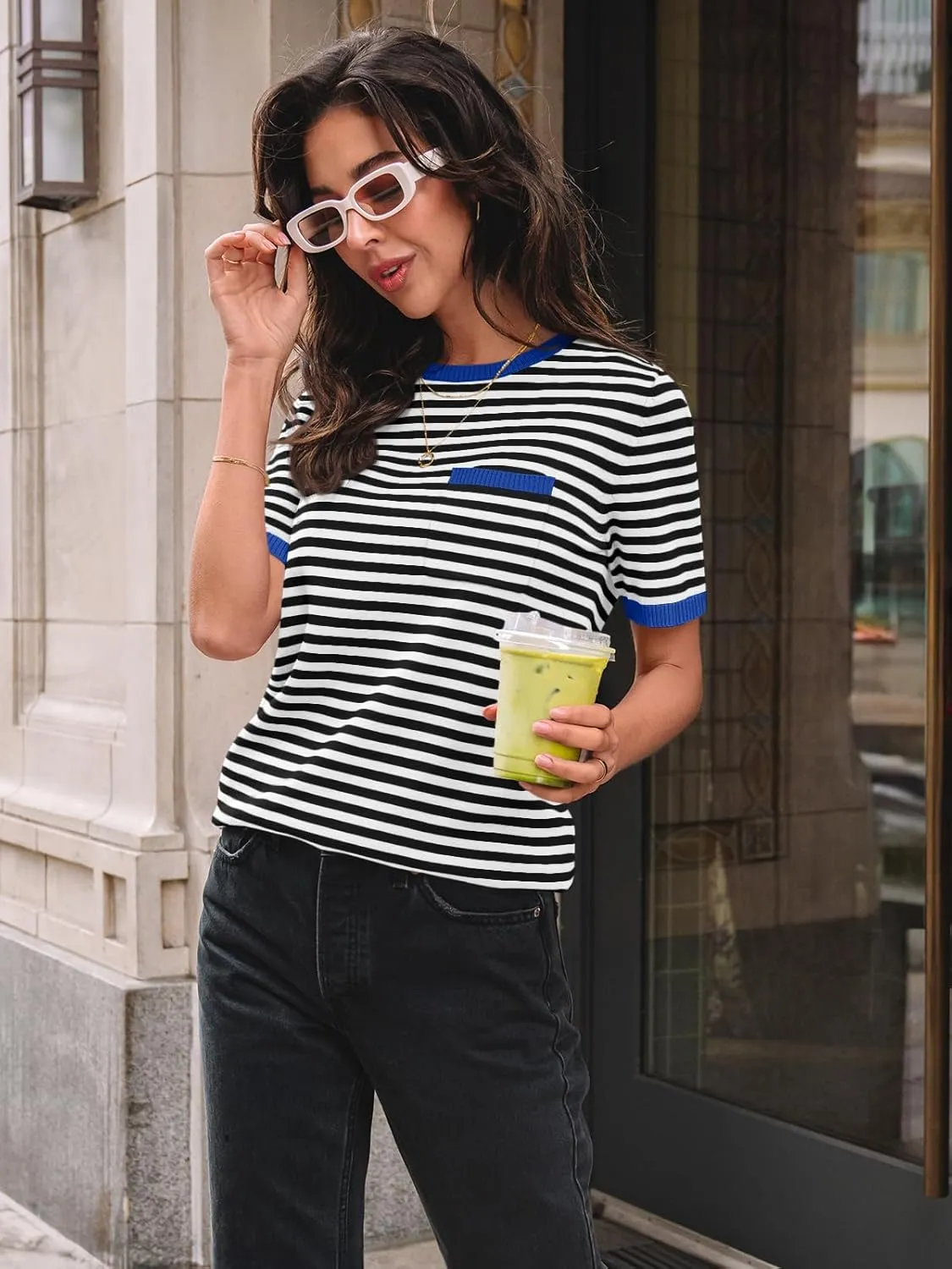 LILLUSORY Womens Striped Short Sleeve Sweater Pullover Shirts with Chest Pocket