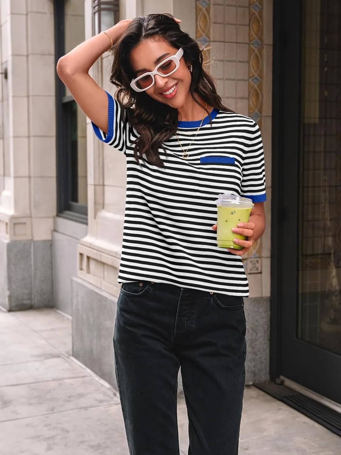 LILLUSORY Womens Striped Short Sleeve Sweater Pullover Shirts with Chest Pocket