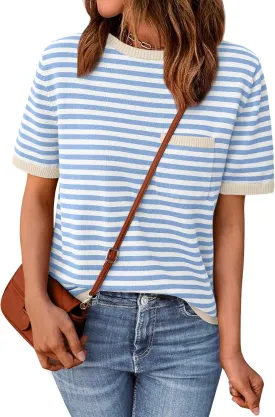 LILLUSORY Womens Striped Short Sleeve Sweater Pullover Shirts with Chest Pocket LILLUSORY Womens Striped Short Sleeve Sweater Pullover Shirts with Chest Pocket