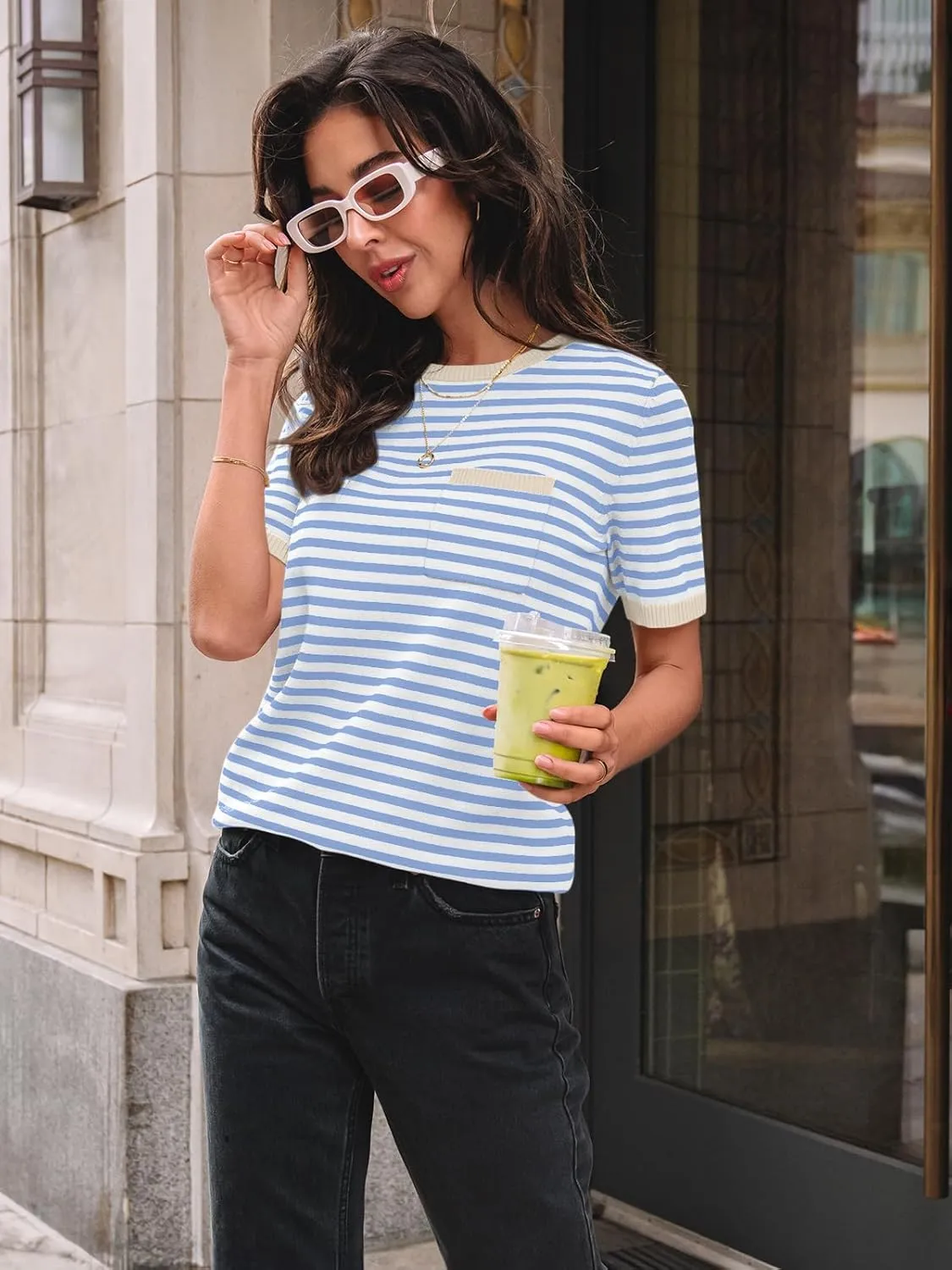 LILLUSORY Womens Striped Short Sleeve Sweater Pullover Shirts with Chest Pocket