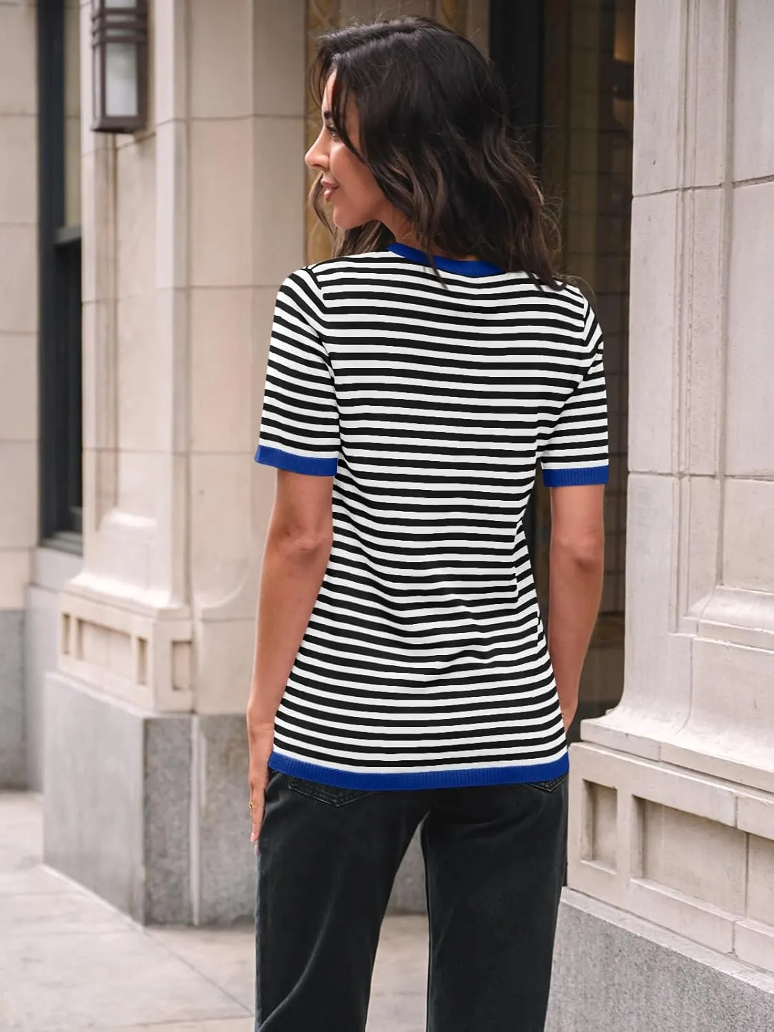 LILLUSORY Womens Striped Short Sleeve Sweater Pullover Shirts with Chest Pocket