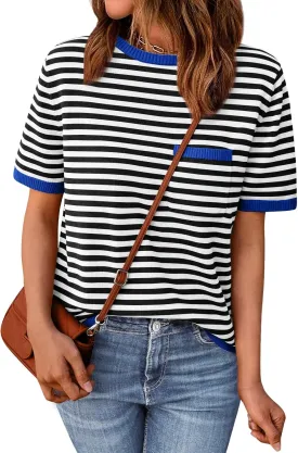 LILLUSORY Womens Striped Short Sleeve Sweater Pullover Shirts with Chest Pocket LILLUSORY Womens Striped Short Sleeve Sweater Pullover Shirts with Chest Pocket