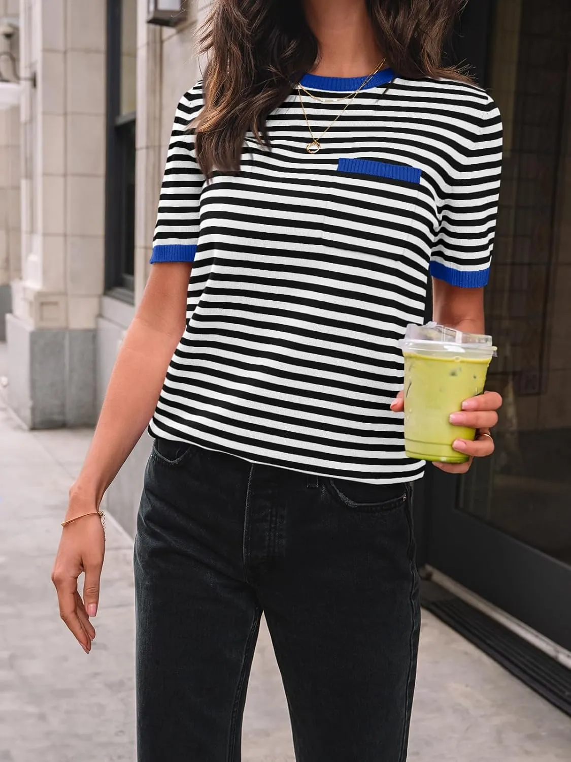 LILLUSORY Womens Striped Short Sleeve Sweater Pullover Shirts with Chest Pocket