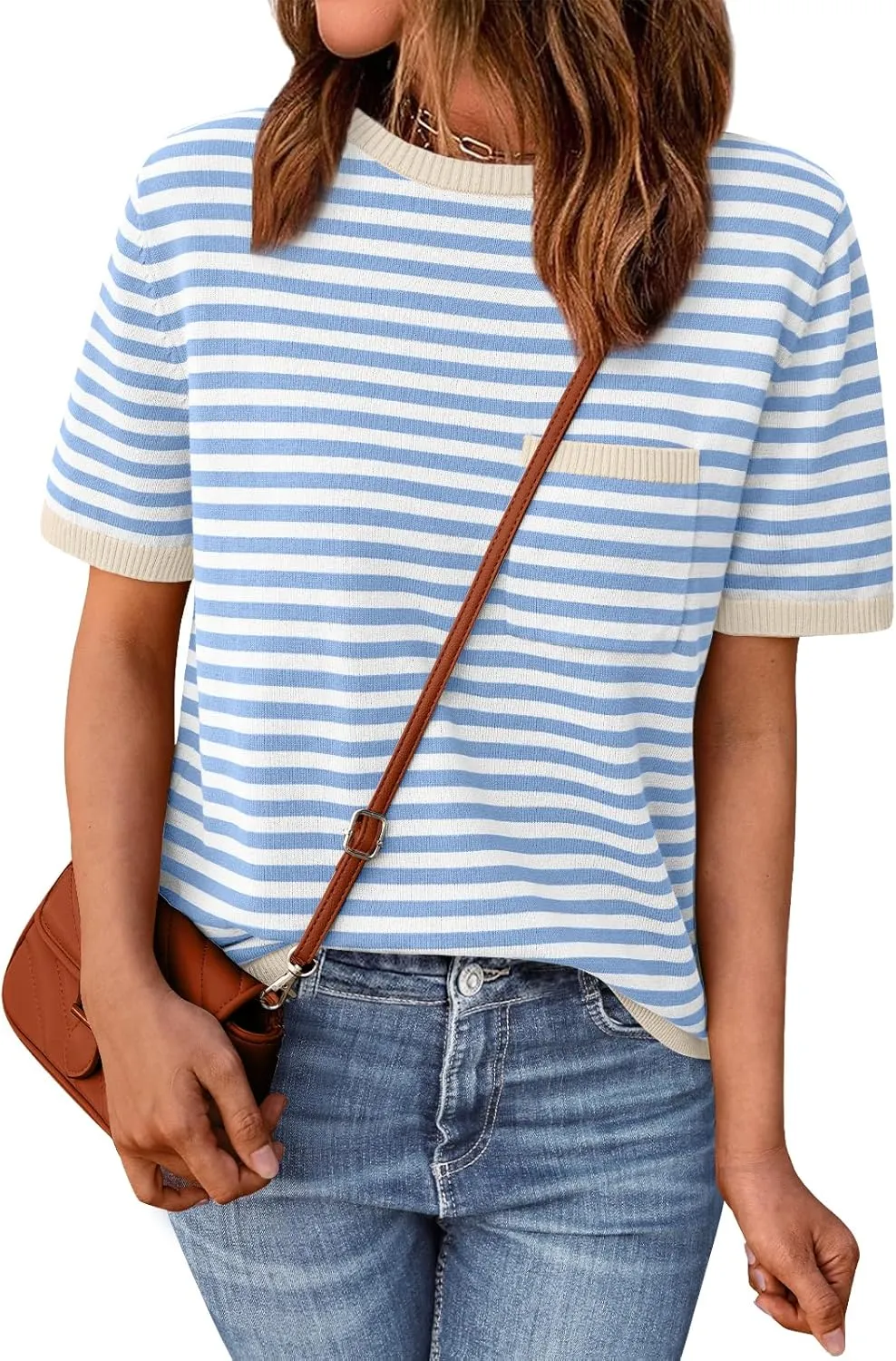 LILLUSORY Womens Striped Short Sleeve Sweater Pullover Shirts with Chest Pocket