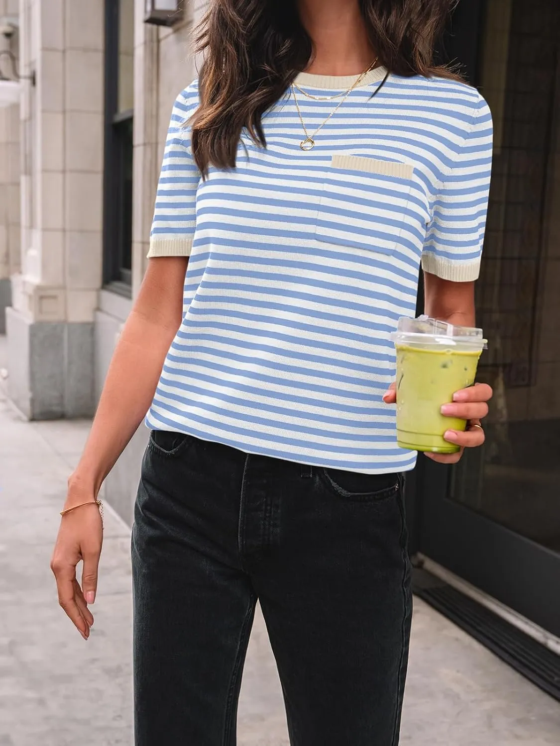 LILLUSORY Womens Striped Short Sleeve Sweater Pullover Shirts with Chest Pocket