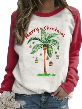 Merry Chrismas Plam Tree Sweatshirt Women Hawaii Beach Holiday Shirt Funny Chrismas Graphic Long Sleeve Pullover Tops
