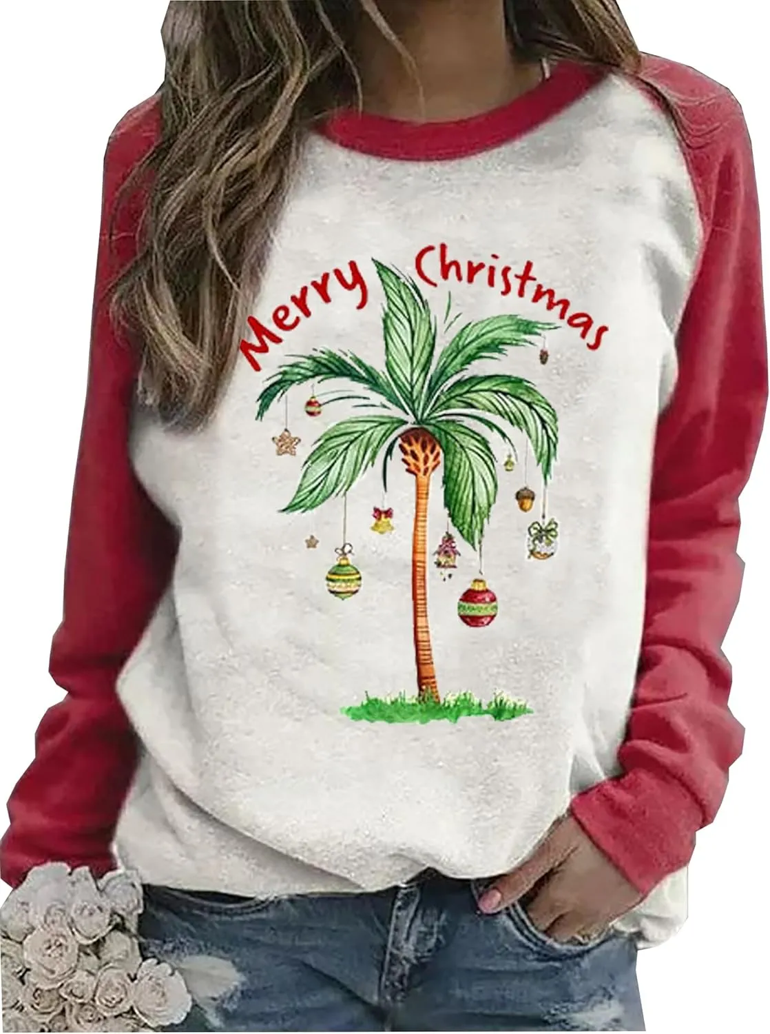 Merry Chrismas Plam Tree Sweatshirt Women Hawaii Beach Holiday Shirt Funny Chrismas Graphic Long Sleeve Pullover Tops