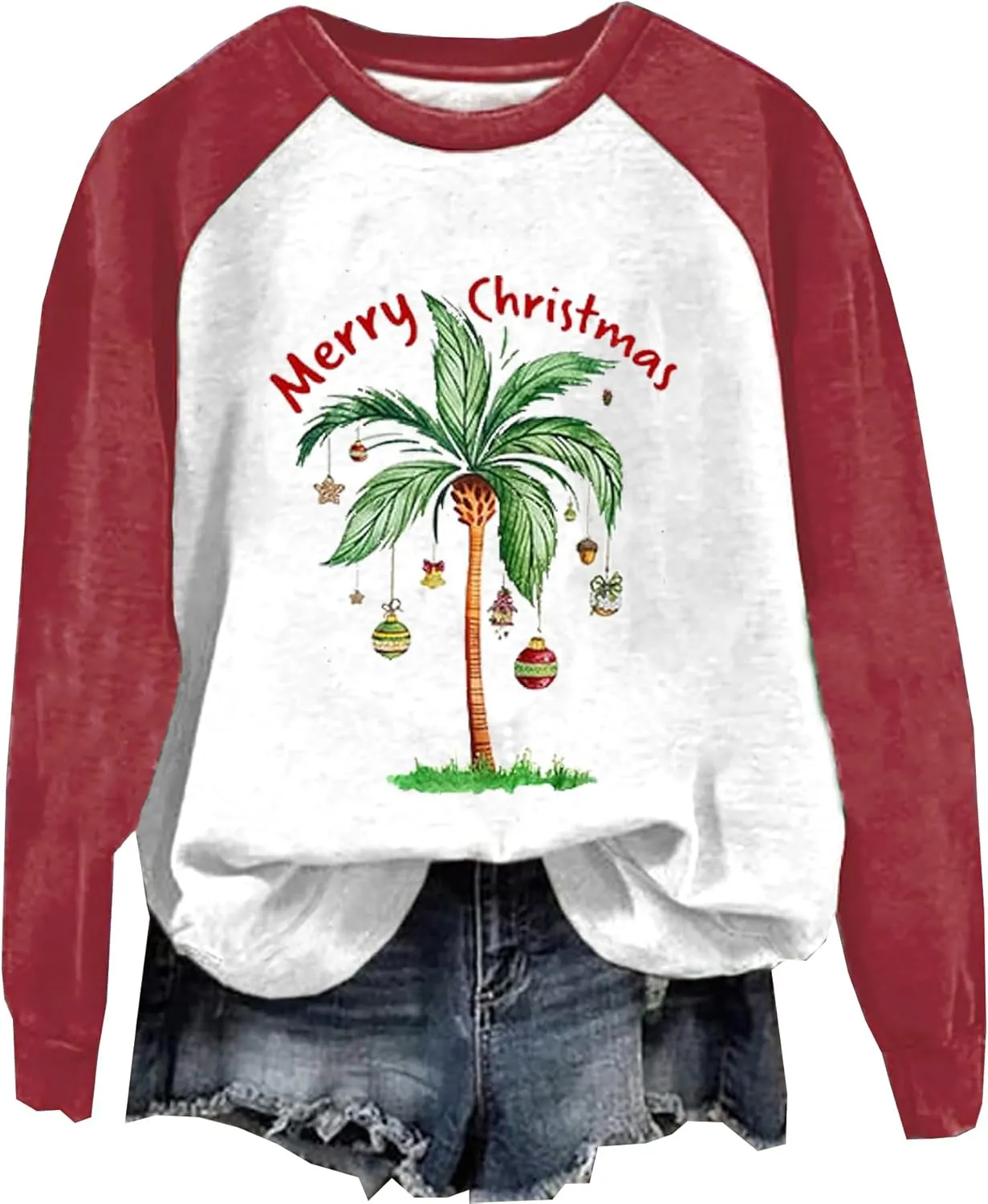 Merry Chrismas Plam Tree Sweatshirt Women Hawaii Beach Holiday Shirt Funny Chrismas Graphic Long Sleeve Pullover Tops