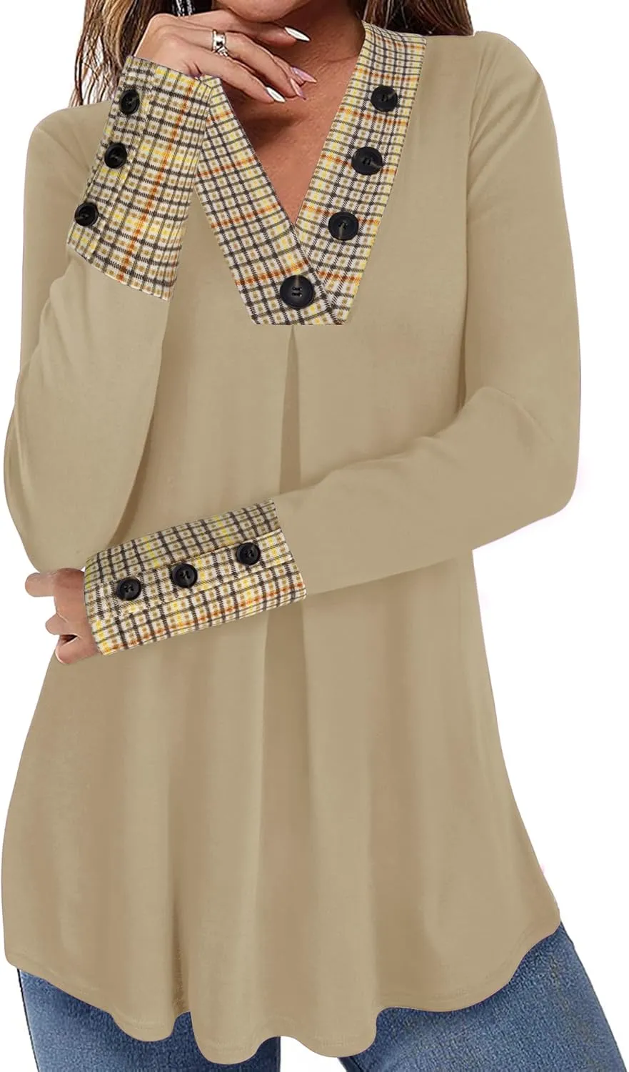 Messic Women's Long Sleeve Button V Neck Flowy Pleated Shirts Casual Tunic Tops Blouse