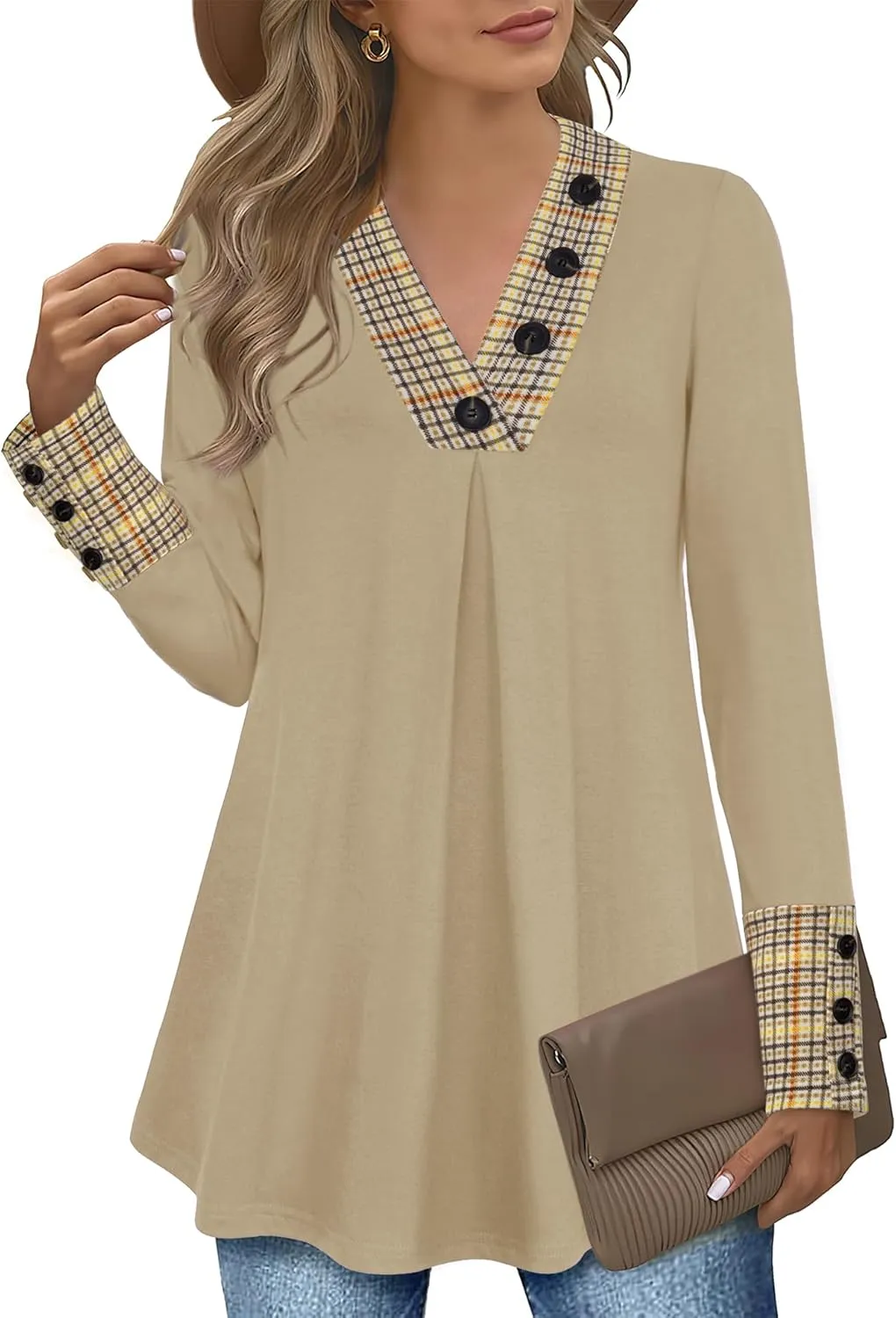 Messic Women's Long Sleeve Button V Neck Flowy Pleated Shirts Casual Tunic Tops Blouse