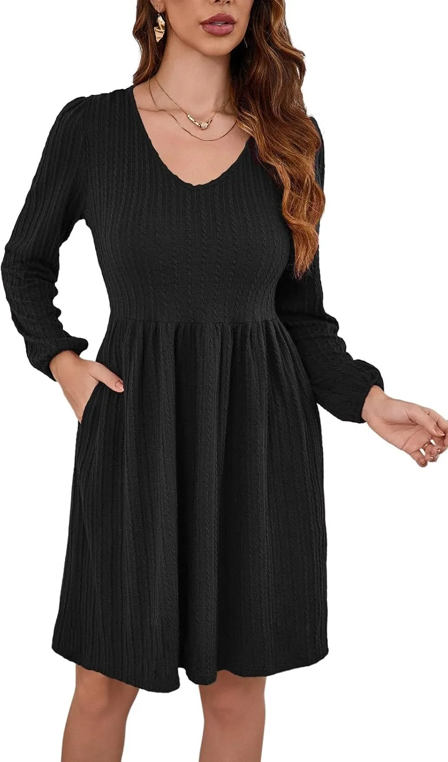 nclook Womens Spring Casual Dress Long Sleeve V Neck Fall Dresses with Pockets