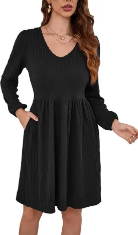 nclook Womens Spring Casual Dress Long Sleeve V Neck Fall Dresses with Pockets
