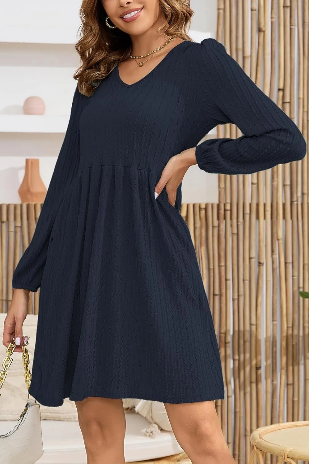 nclook Womens Spring Casual Dress Long Sleeve V Neck Fall Dresses with Pockets