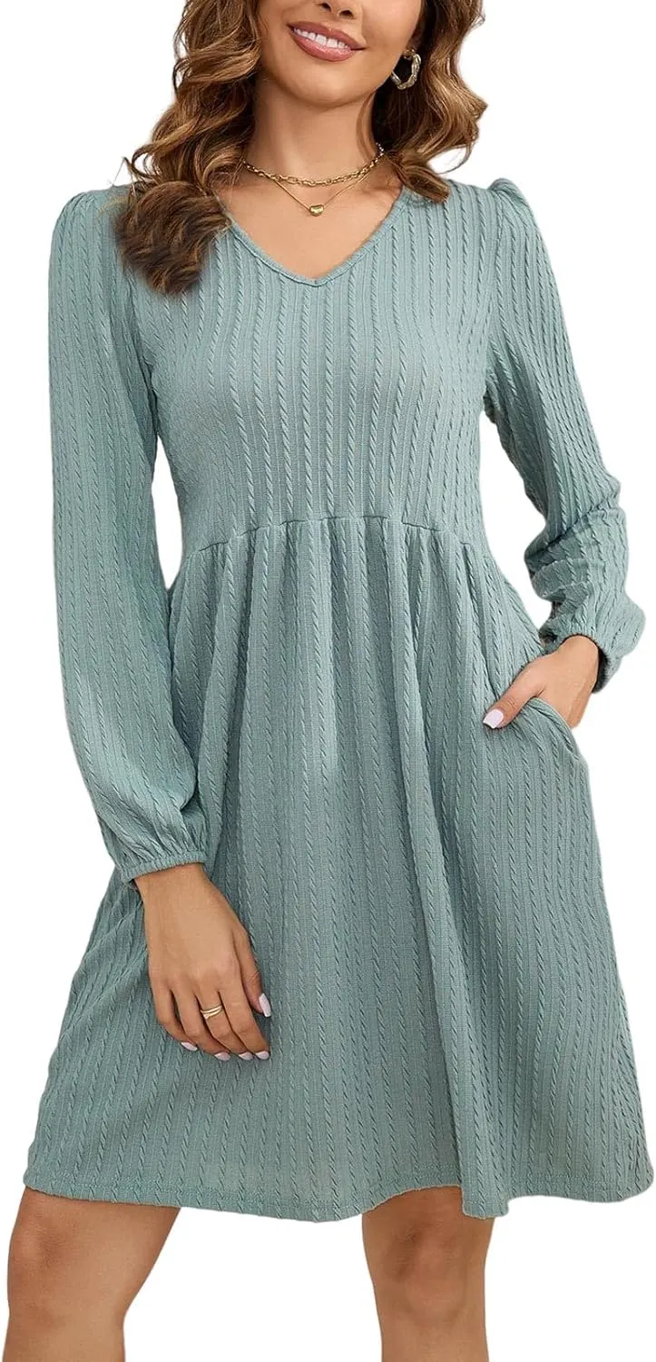 nclook Womens Spring Casual Dress Long Sleeve V Neck Fall Dresses with Pockets