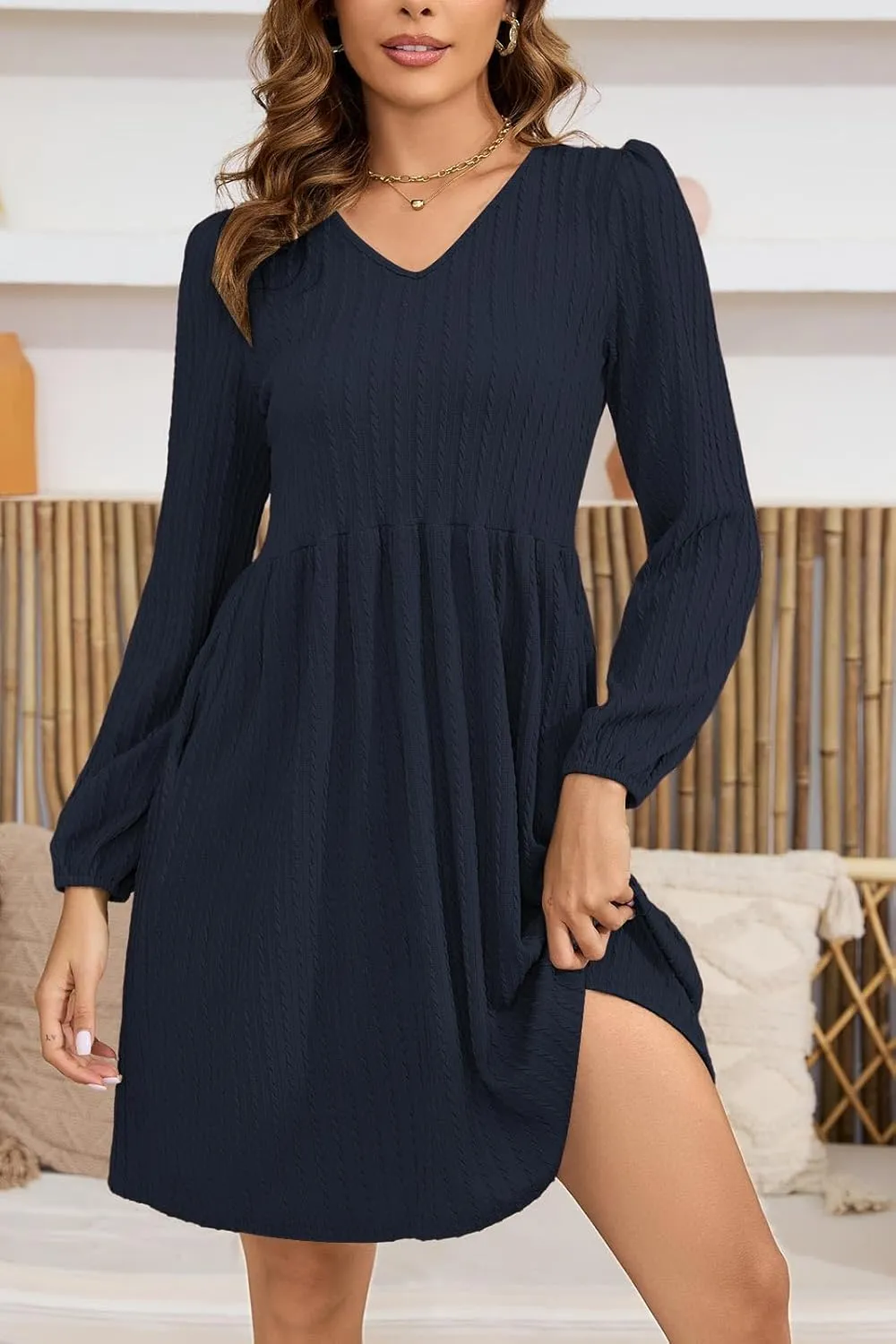 nclook Womens Spring Casual Dress Long Sleeve V Neck Fall Dresses with Pockets