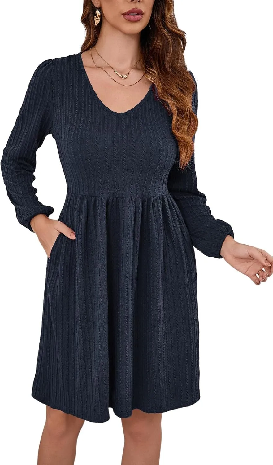 nclook Womens Spring Casual Dress Long Sleeve V Neck Fall Dresses with Pockets
