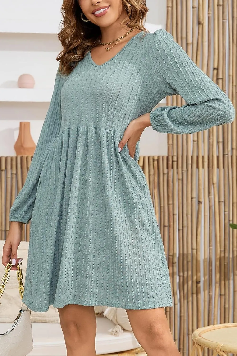 nclook Womens Spring Casual Dress Long Sleeve V Neck Fall Dresses with Pockets