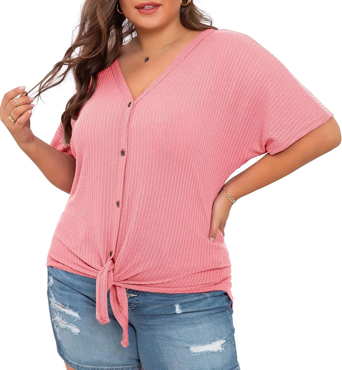 OLRIK Womens Plus Size Tops Short Sleeve V Neck Waffle Knit Tunic Blouse Tie Front Button Up T Shirts