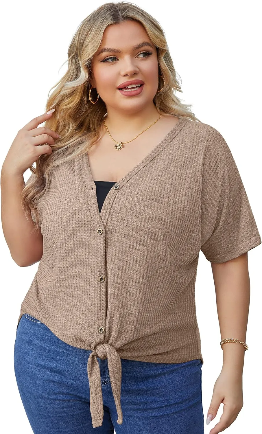 OLRIK Womens Plus Size Tops Short Sleeve V Neck Waffle Knit Tunic Blouse Tie Front Button Up T Shirts