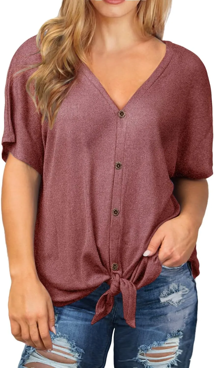 OLRIK Womens Plus Size Tops Short Sleeve V Neck Waffle Knit Tunic Blouse Tie Front Button Up T Shirts