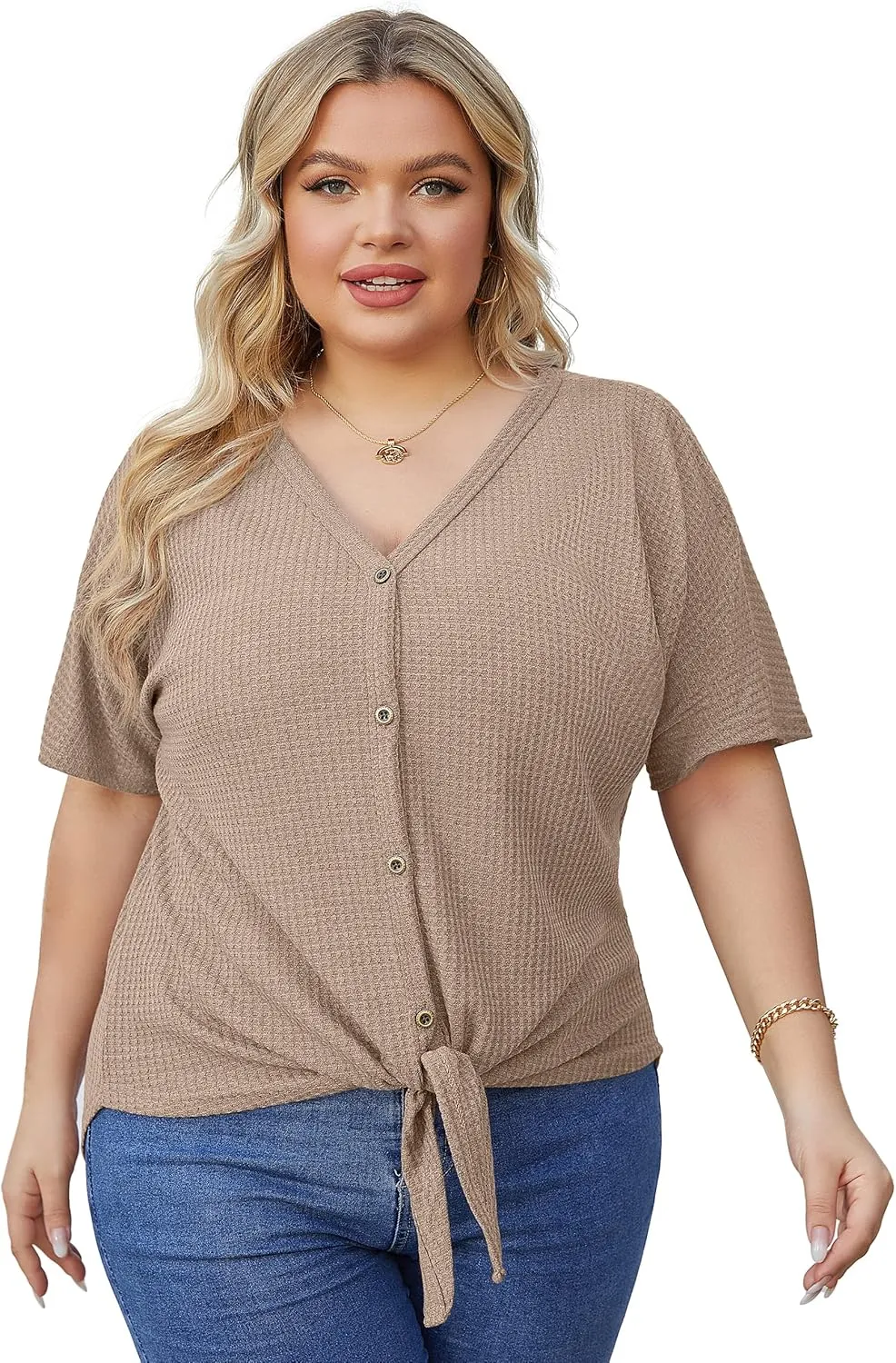 OLRIK Womens Plus Size Tops Short Sleeve V Neck Waffle Knit Tunic Blouse Tie Front Button Up T Shirts