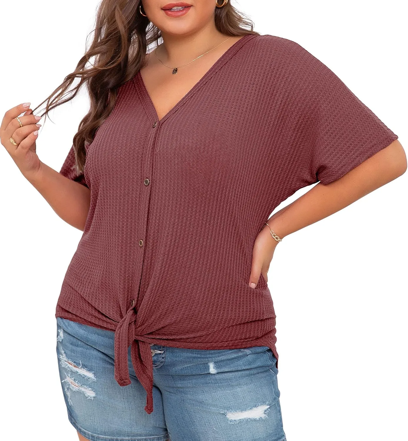 OLRIK Womens Plus Size Tops Short Sleeve V Neck Waffle Knit Tunic Blouse Tie Front Button Up T Shirts