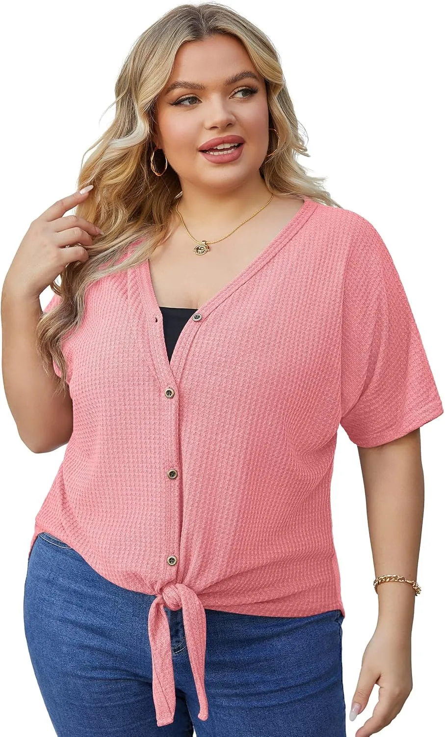 OLRIK Womens Plus Size Tops Short Sleeve V Neck Waffle Knit Tunic Blouse Tie Front Button Up T Shirts