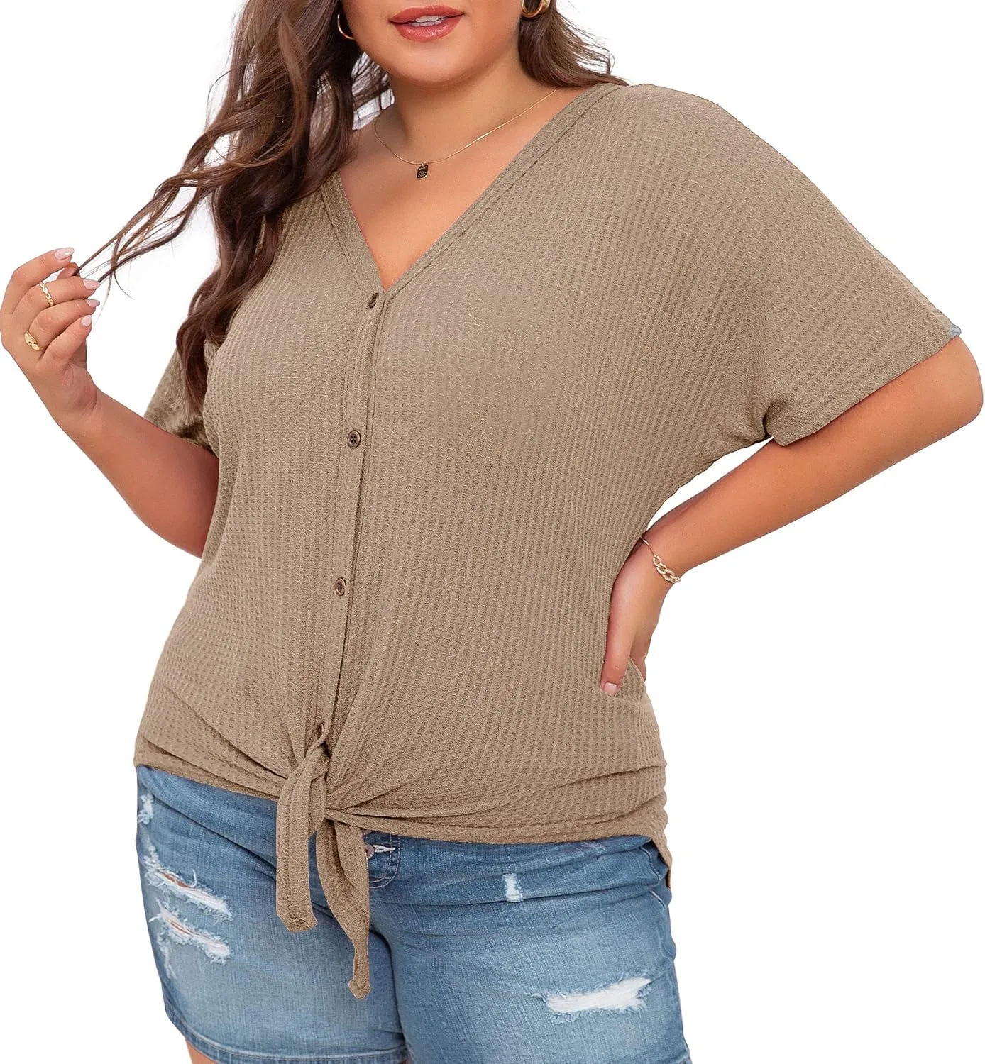 OLRIK Womens Plus Size Tops Short Sleeve V Neck Waffle Knit Tunic Blouse Tie Front Button Up T Shirts