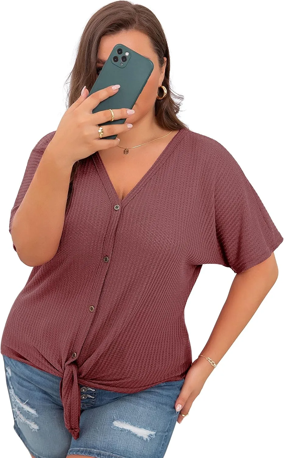 OLRIK Womens Plus Size Tops Short Sleeve V Neck Waffle Knit Tunic Blouse Tie Front Button Up T Shirts