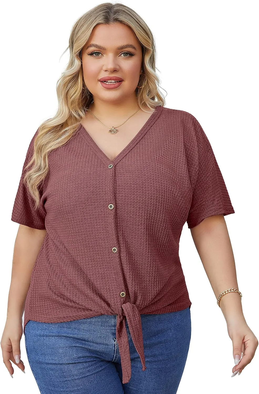 OLRIK Womens Plus Size Tops Short Sleeve V Neck Waffle Knit Tunic Blouse Tie Front Button Up T Shirts