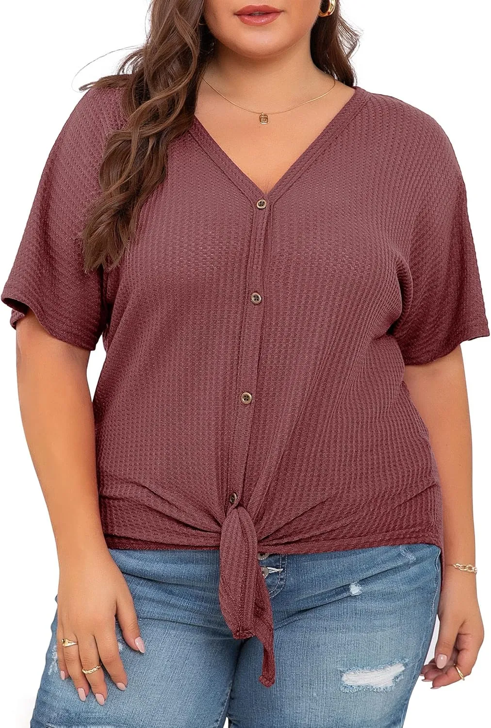 OLRIK Womens Plus Size Tops Short Sleeve V Neck Waffle Knit Tunic Blouse Tie Front Button Up T Shirts