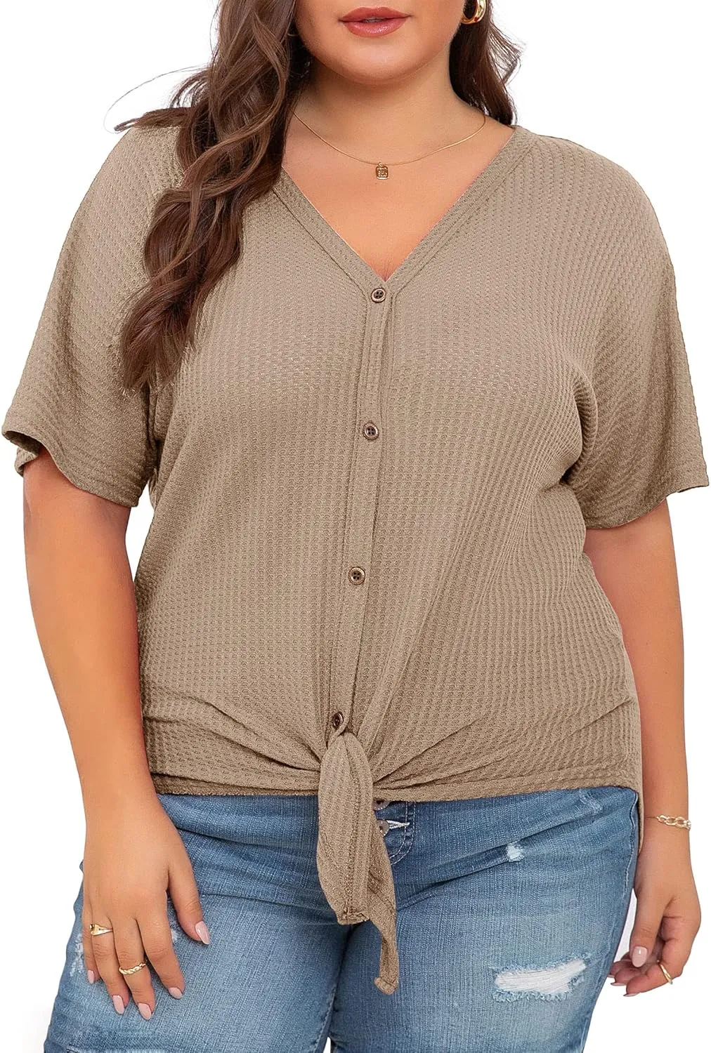 OLRIK Womens Plus Size Tops Short Sleeve V Neck Waffle Knit Tunic Blouse Tie Front Button Up T Shirts