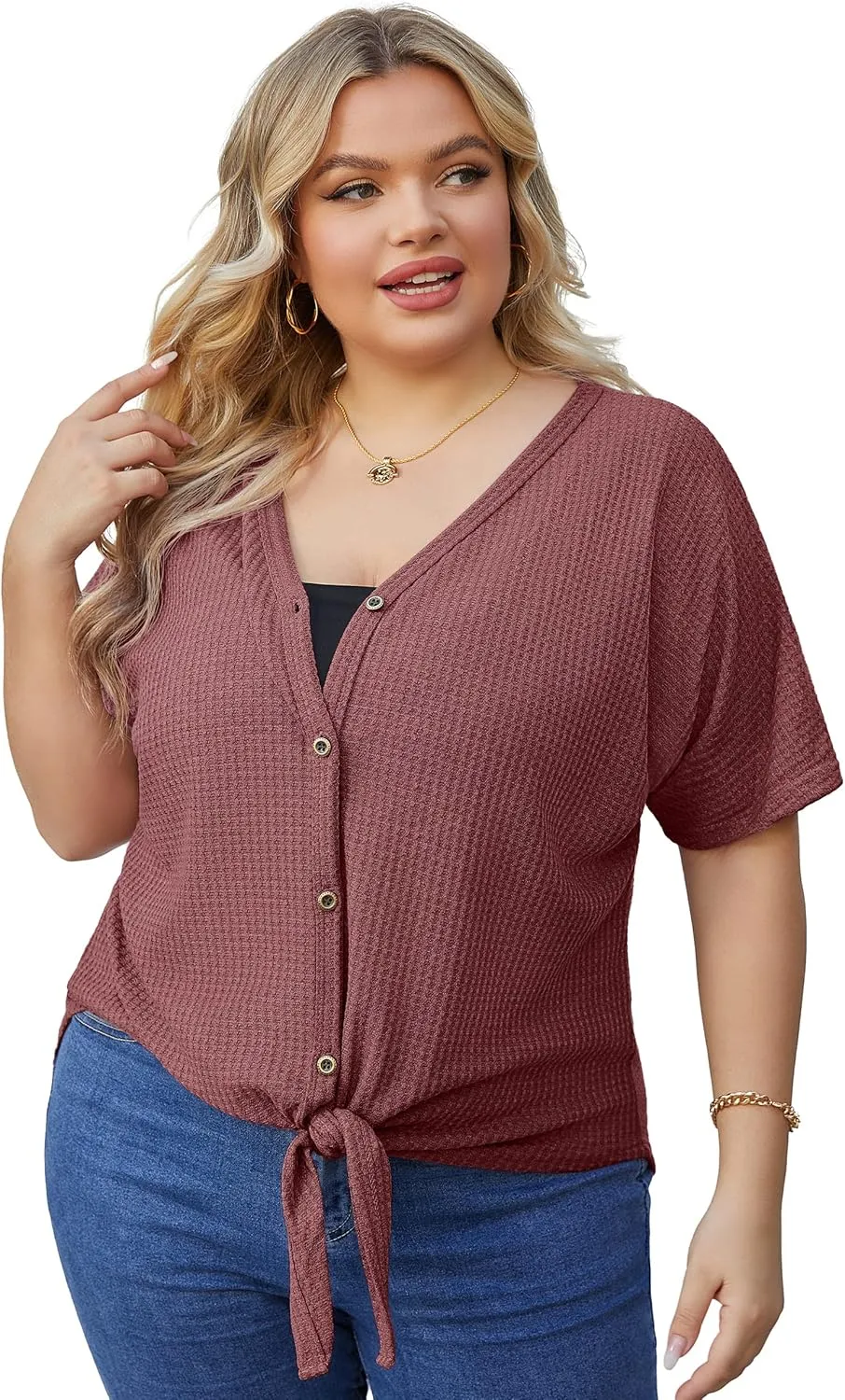 OLRIK Womens Plus Size Tops Short Sleeve V Neck Waffle Knit Tunic Blouse Tie Front Button Up T Shirts