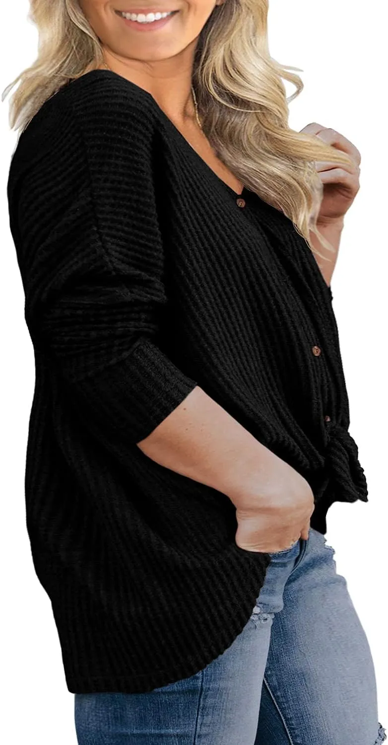OLRIK Womens Plus Size Tops V Neck Tie Front Blouse Button Up Long Sleeve Waffle Knit Tunic T Shirts